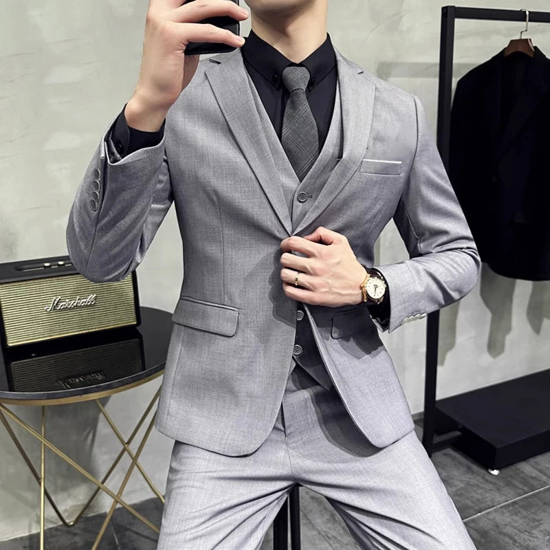 Groom's Wedding Dress ( Jacket + Vest + Pants ) High End Brand Solid Color Men's Casual Business Office Formal Suit 3Pcs Sets