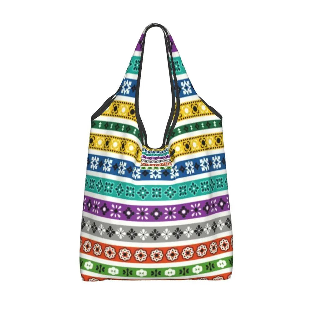 Funny Black Bandana Pattern Shopping Tote Bag Portable Paisley Style Groceries Shopper Shoulder Bag