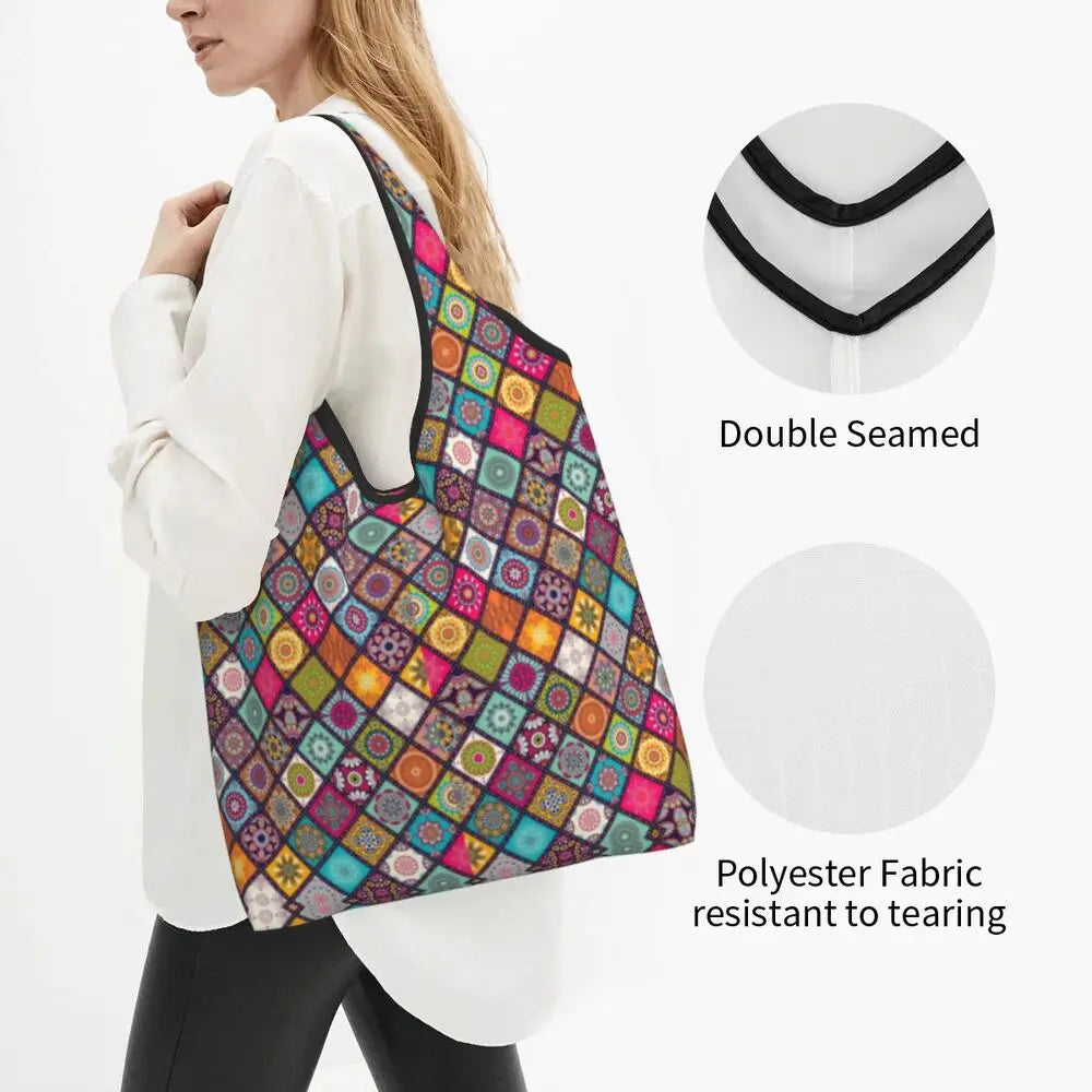 Funny Black Bandana Pattern Shopping Tote Bag Portable Paisley Style Groceries Shopper Shoulder Bag