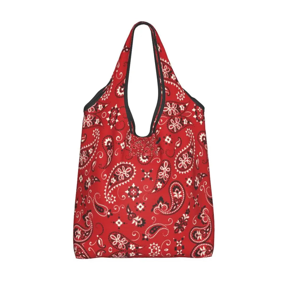 Funny Black Bandana Pattern Shopping Tote Bag Portable Paisley Style Groceries Shopper Shoulder Bag