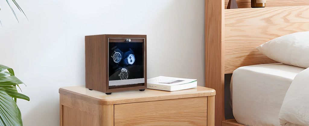 Watch Winder for Automatic Watches Box Storage Dustproof Mechanical Watch Case Black Walnut Wood Safe Mata Box LED Ambient Light