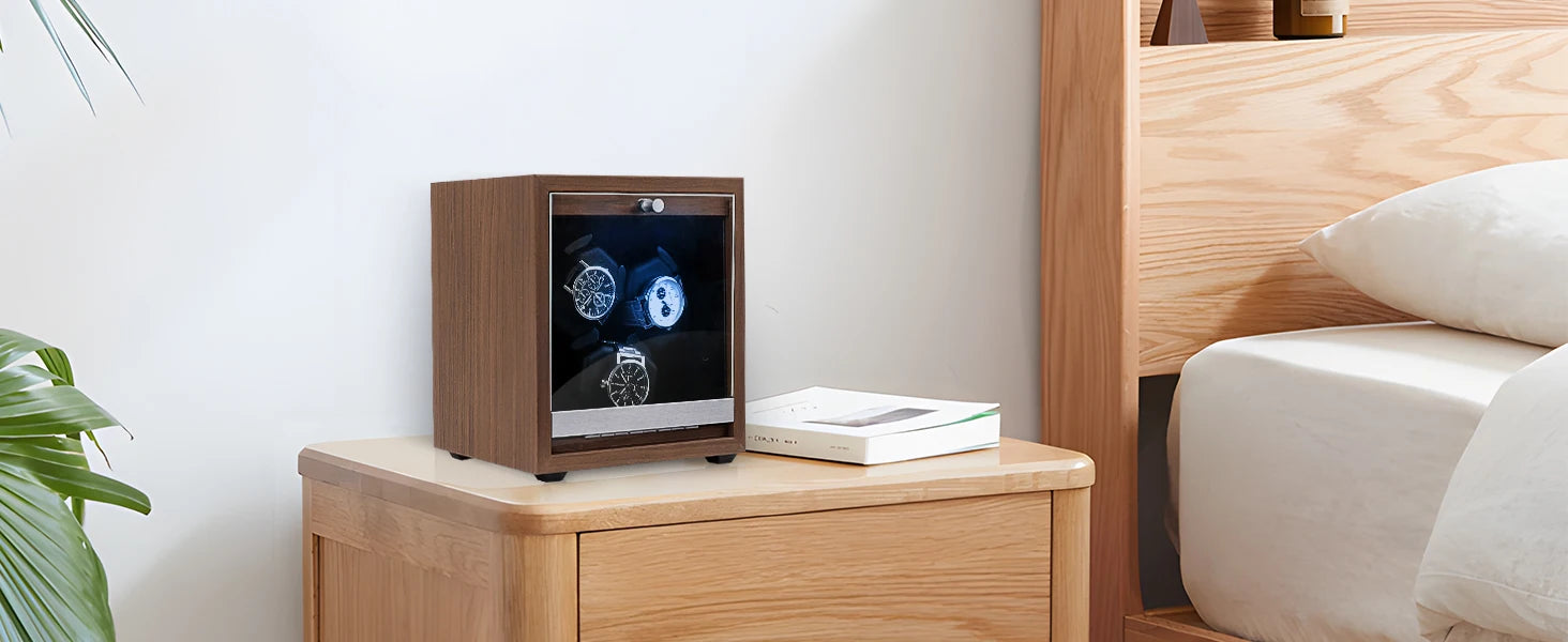 Watch Winder for Automatic Watches Box Storage Dustproof Mechanical Watch Case Black Walnut Wood Safe Mata Box LED Ambient Light