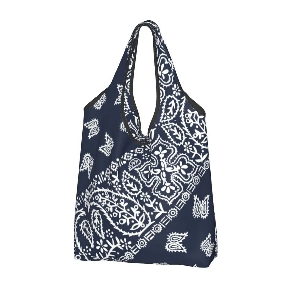 Funny Black Bandana Pattern Shopping Tote Bag Portable Paisley Style Groceries Shopper Shoulder Bag