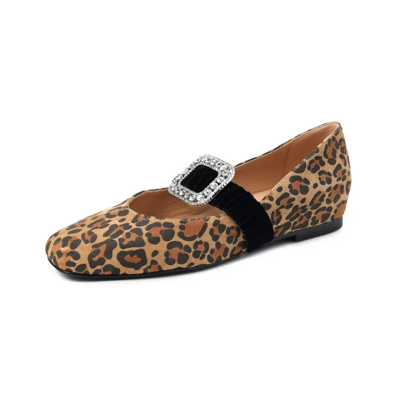 MKKHOU Fashion Women's Shoes New High Quality Suede Shoes Crystal Buckle Square Head Shallow Mouth Lightweight Flats Shoes