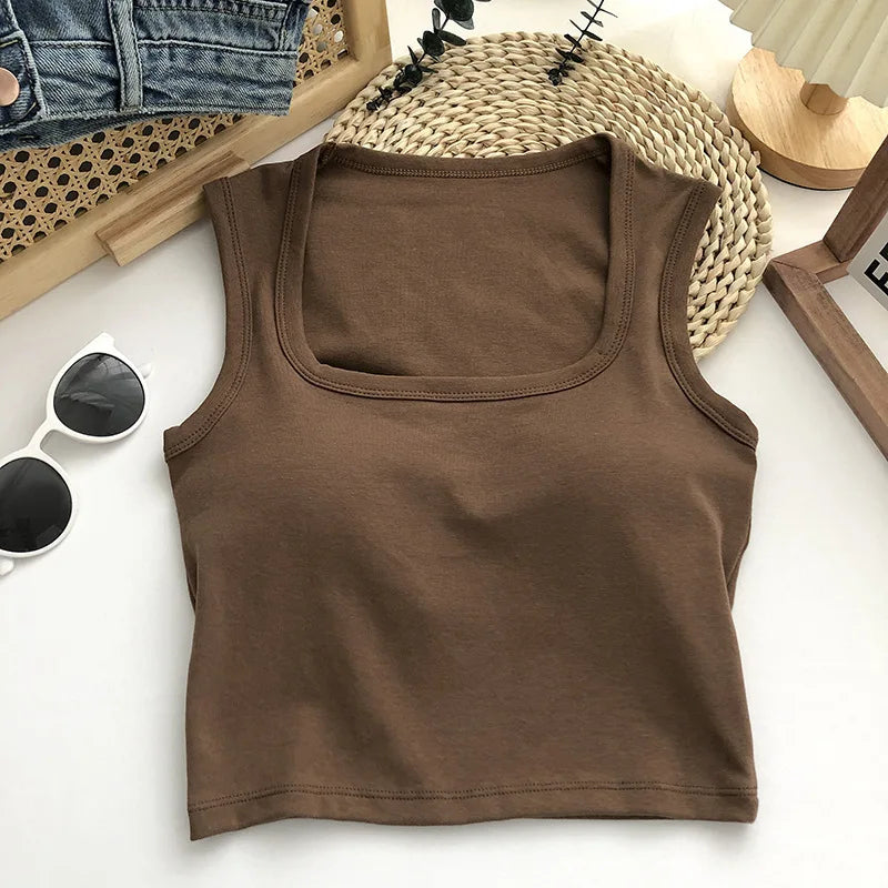 Pure Cotton Square Neck Vest for Women with Chest Pad Sling Bottoming Sexy Short Top Tank Top Women Wholesale 여성용 조끼