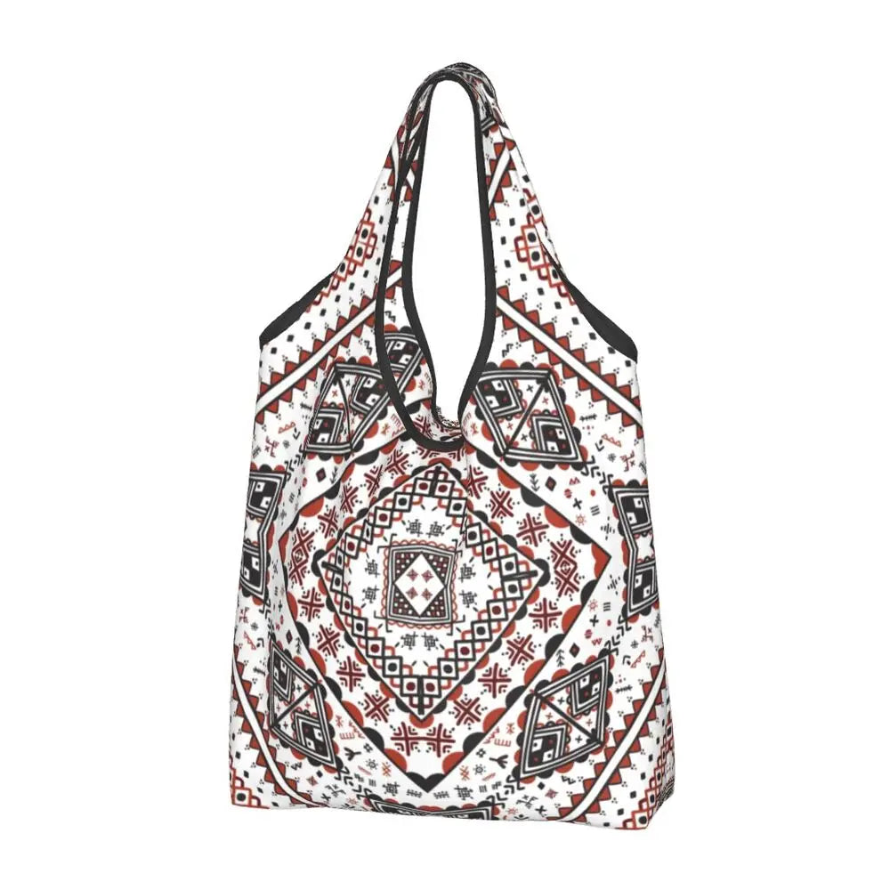 Custom Kabyle Jewelry Shopping Bags Women Portable Large Capacity Groceries Amazigh Carpet Berber Shopper Tote Bags