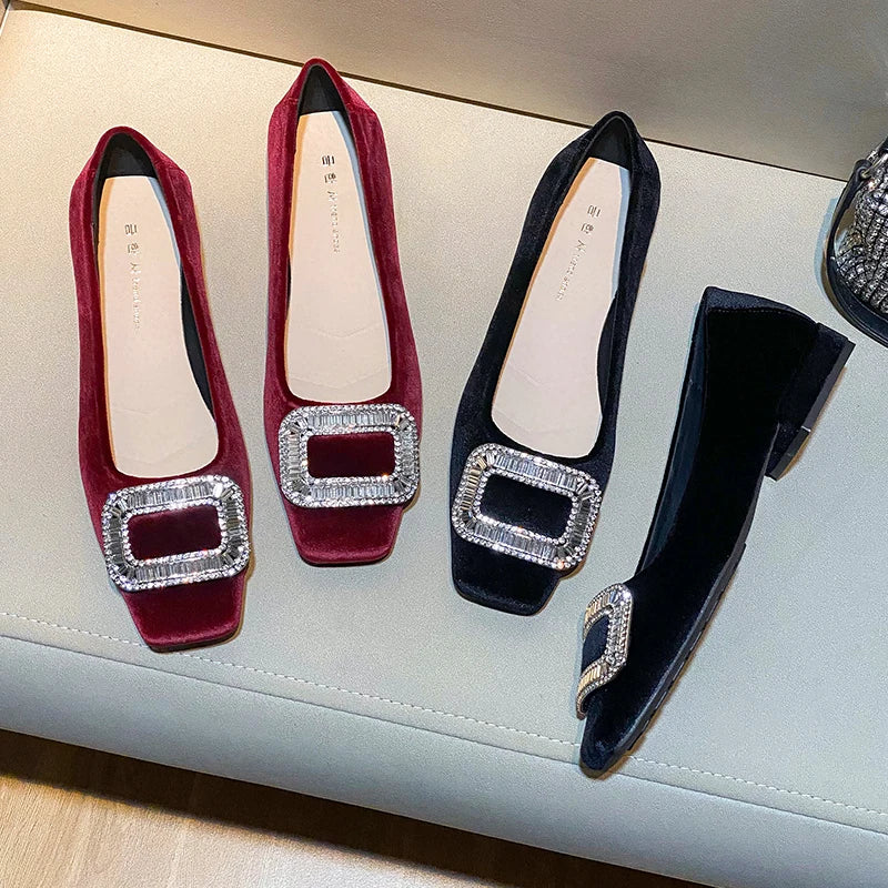 Women's square-toed chunky-heeled flat shoes2026New autumn and winter black suede party comfortable and elegant rhinestone shoes