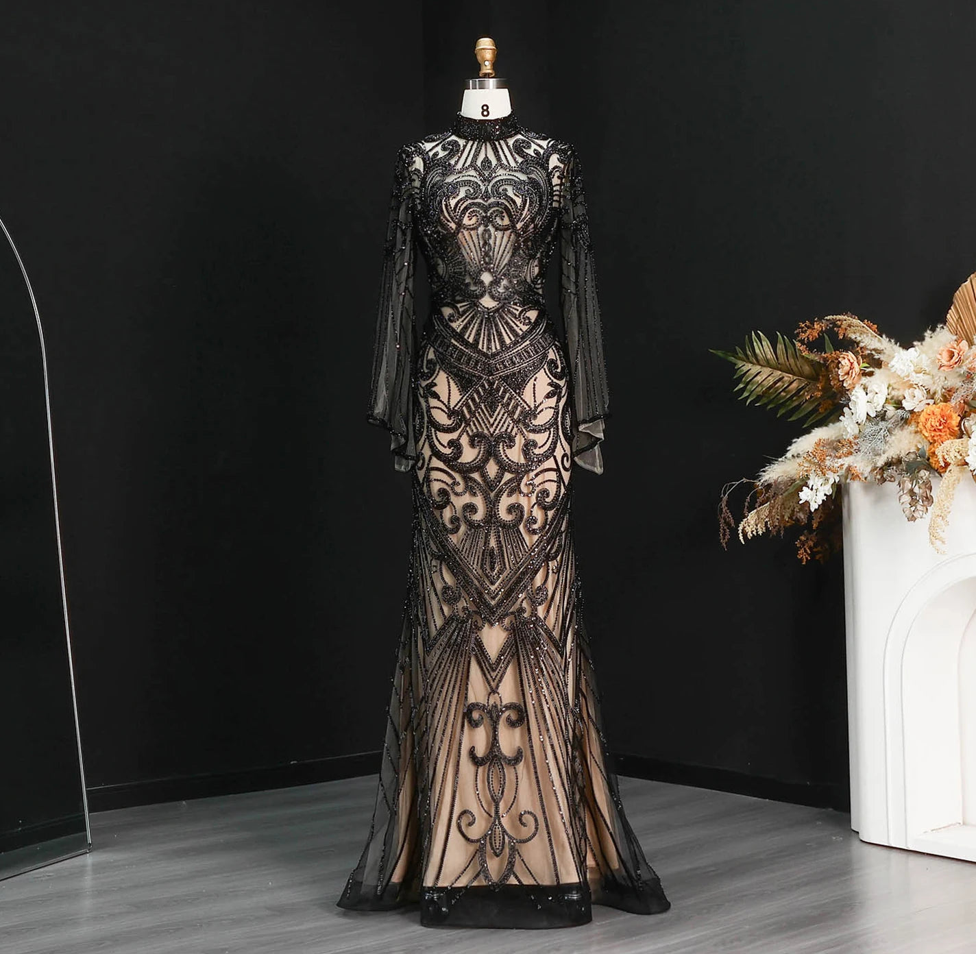 Sharon Said Dubai Black Evening Dress Geometric Beaded Pattern Long Flare Sleeve شارون سعيد Women Formal Prom Gown SS055 Custom