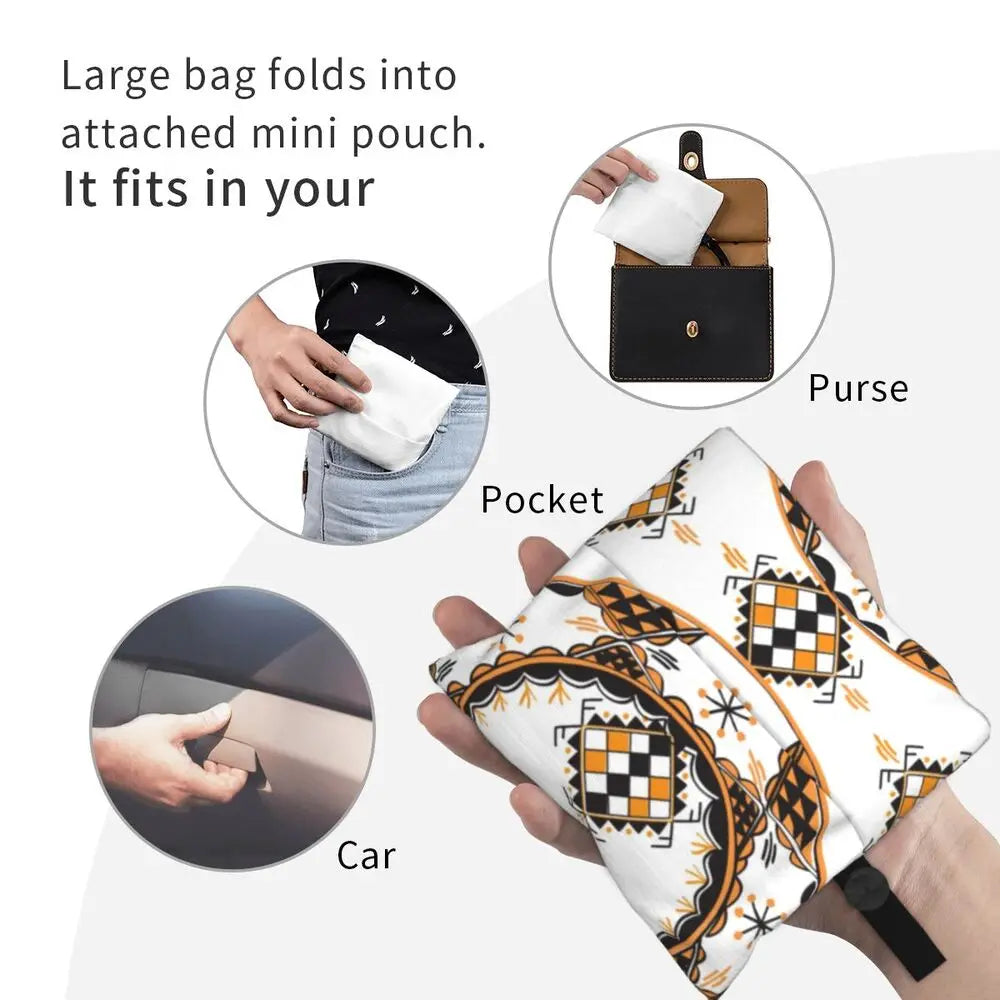 Custom Kabyle Jewelry Shopping Bags Women Portable Large Capacity Groceries Amazigh Carpet Berber Shopper Tote Bags