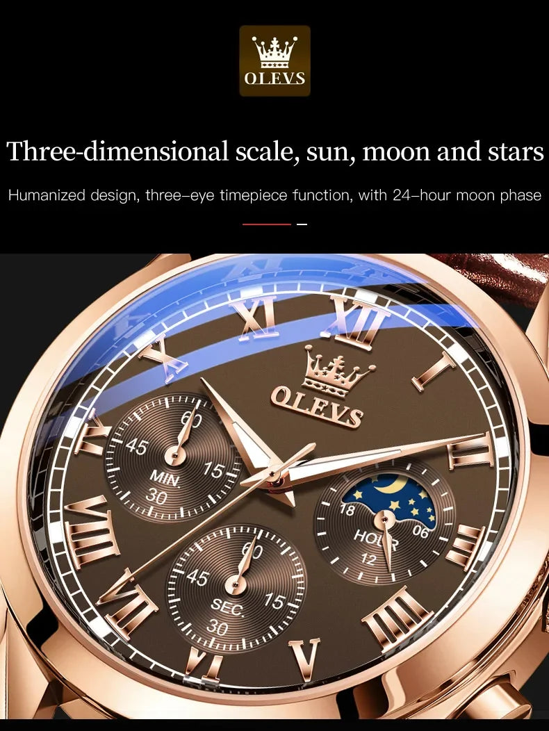 OLEVS 2871 Men Watch Quartz Watch Multifunctional Chronograph Watch Man Waterproof Luminous Moon Phase Watch