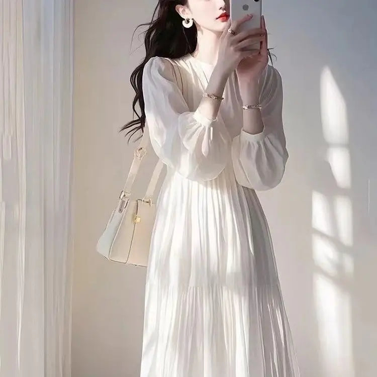 French Dress for Women with Exquisite High-end Feel Loose Slim Blue Chiffon Round Neck Long-sleeved Skirt