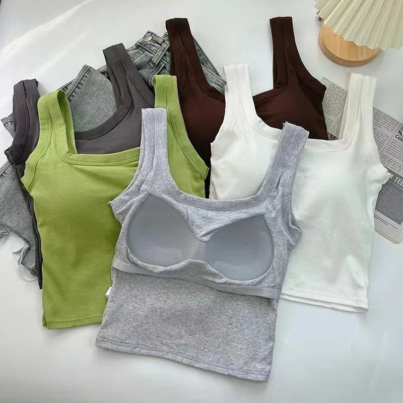 Pure Cotton Square Neck Vest for Women with Chest Pad Sling Bottoming Sexy Short Top Tank Top Women Wholesale 여성용 조끼