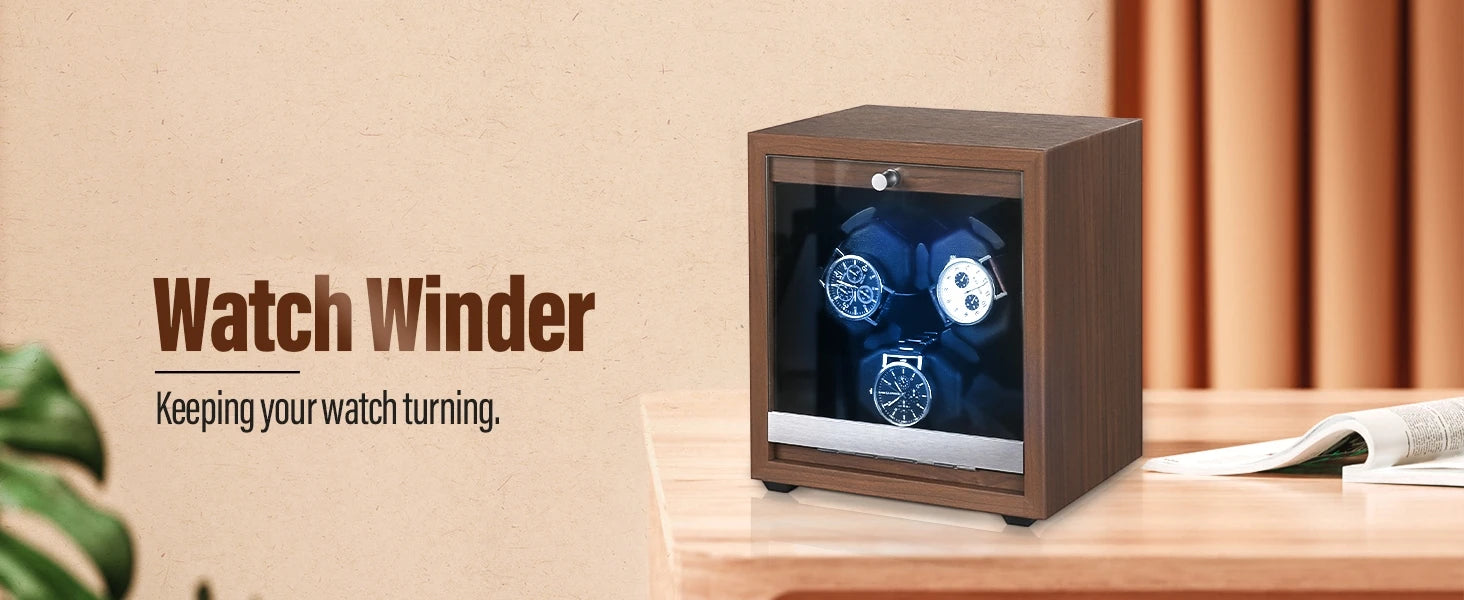 Watch Winder for Automatic Watches Box Storage Dustproof Mechanical Watch Case Black Walnut Wood Safe Mata Box LED Ambient Light