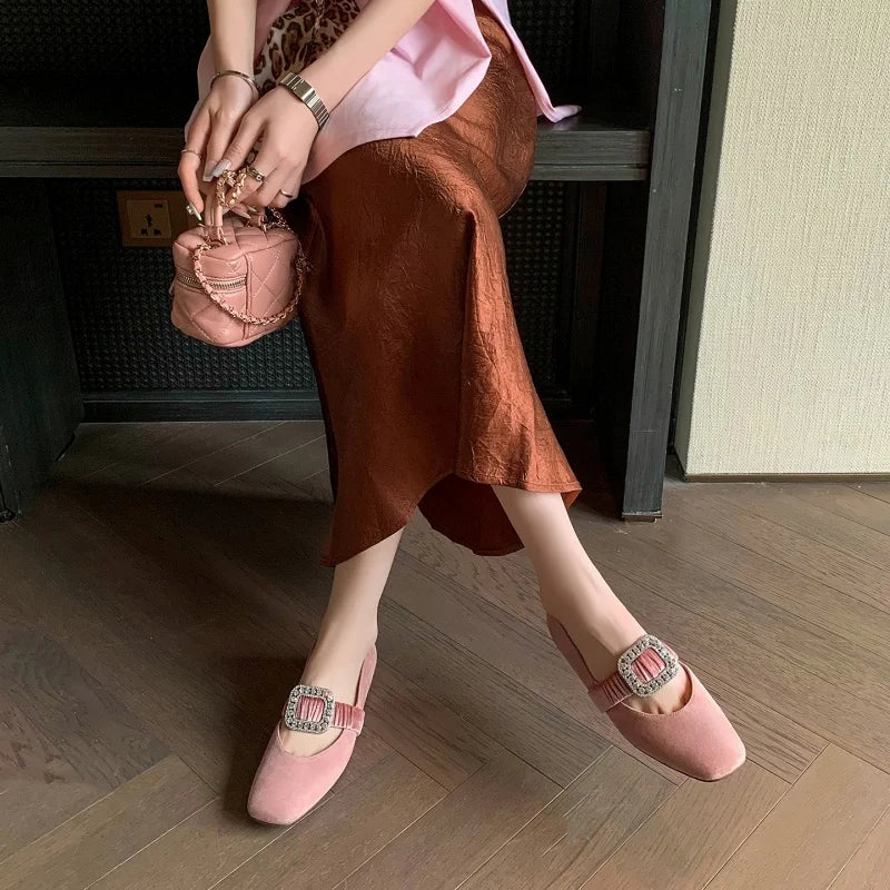 MKKHOU Fashion Women's Shoes New High Quality Suede Shoes Crystal Buckle Square Head Shallow Mouth Lightweight Flats Shoes