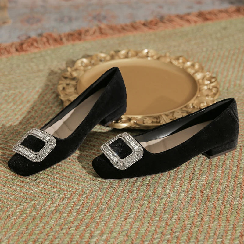 Women's square-toed chunky-heeled flat shoes2026New autumn and winter black suede party comfortable and elegant rhinestone shoes