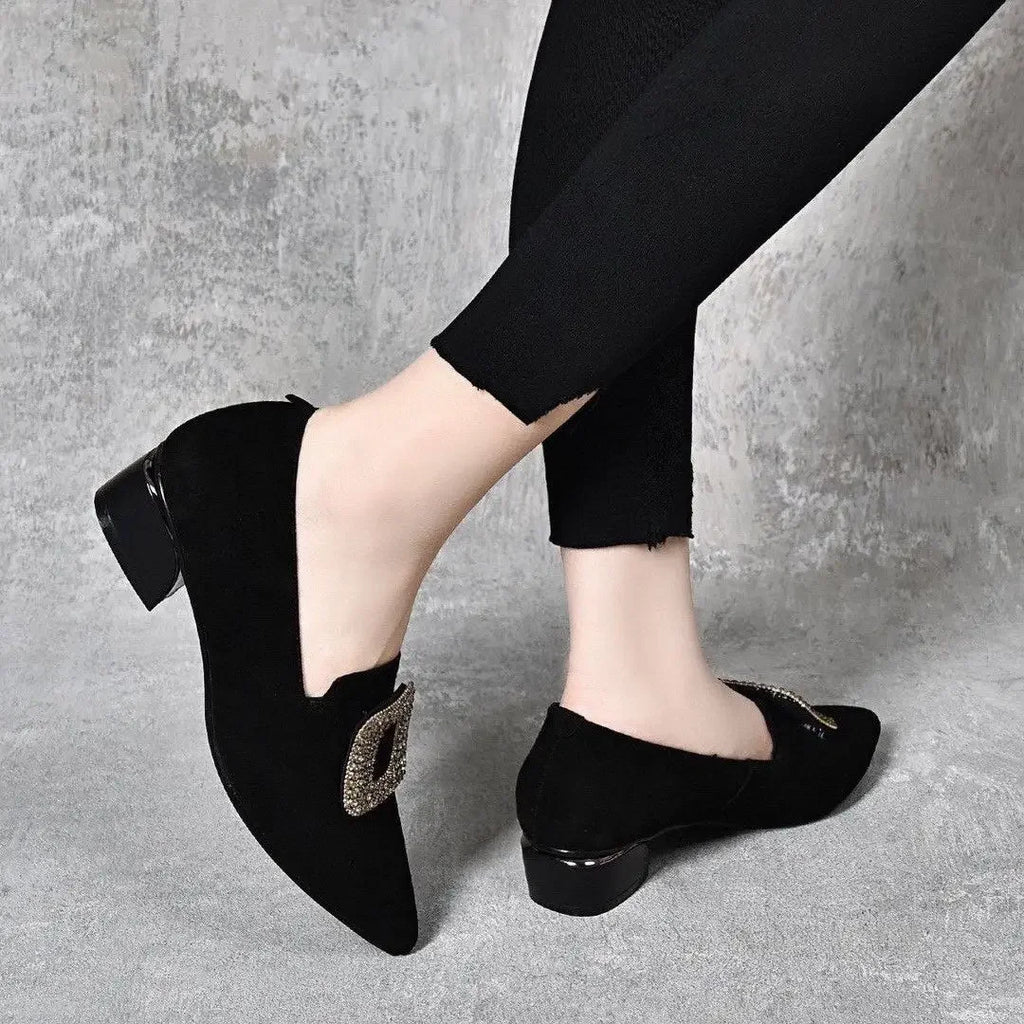 Diamond Shoes for Women Block Heel Pointed Toe Moccasins Woman Pumps Korean Style Casual Footwear Summer 2025 Vacation Popular