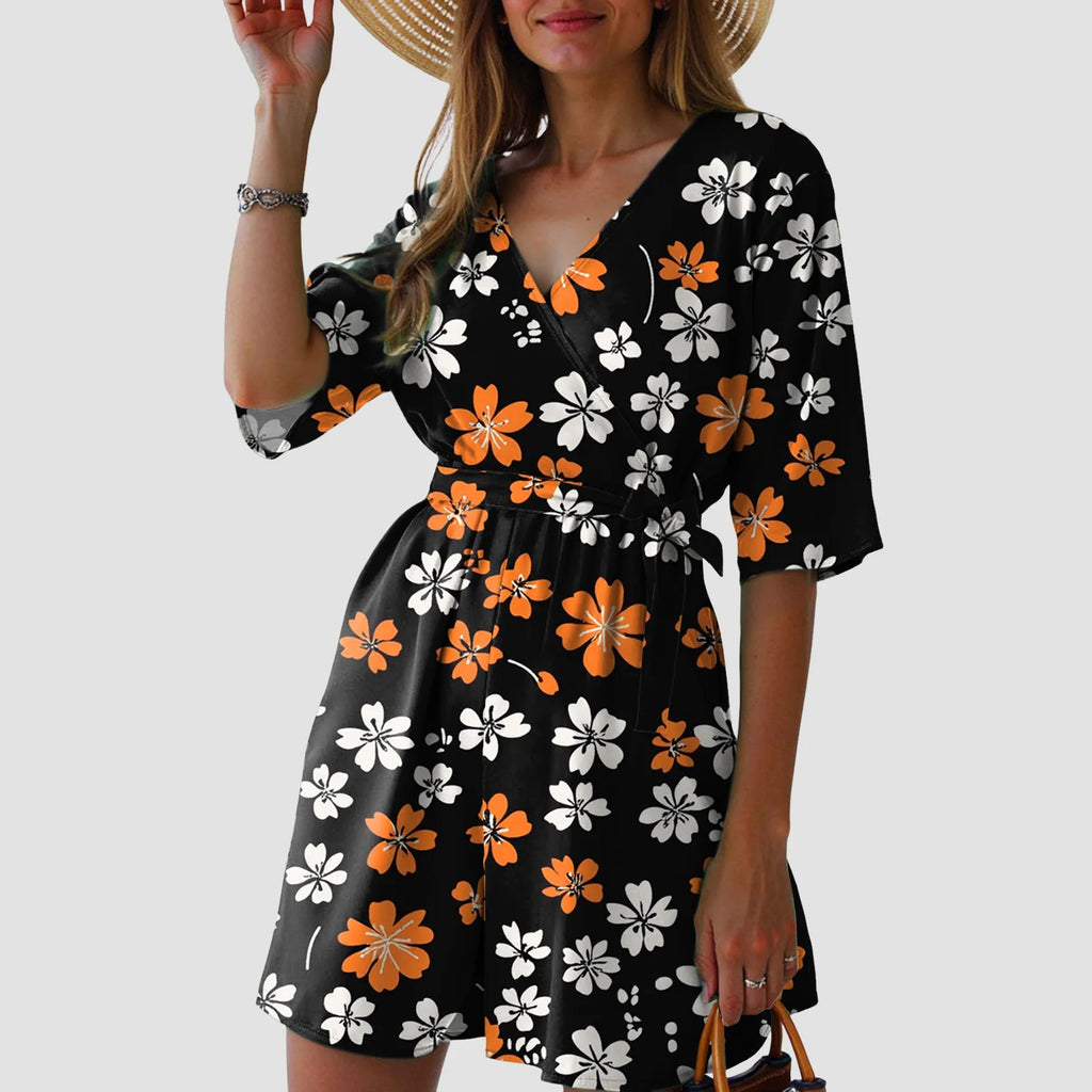 Fashionable Printed V-Neck Short Jumpsuits For Woman Summer Short-Sleeve Casual Rompers Holiday Beach Outfit Jumpsuit Shorts