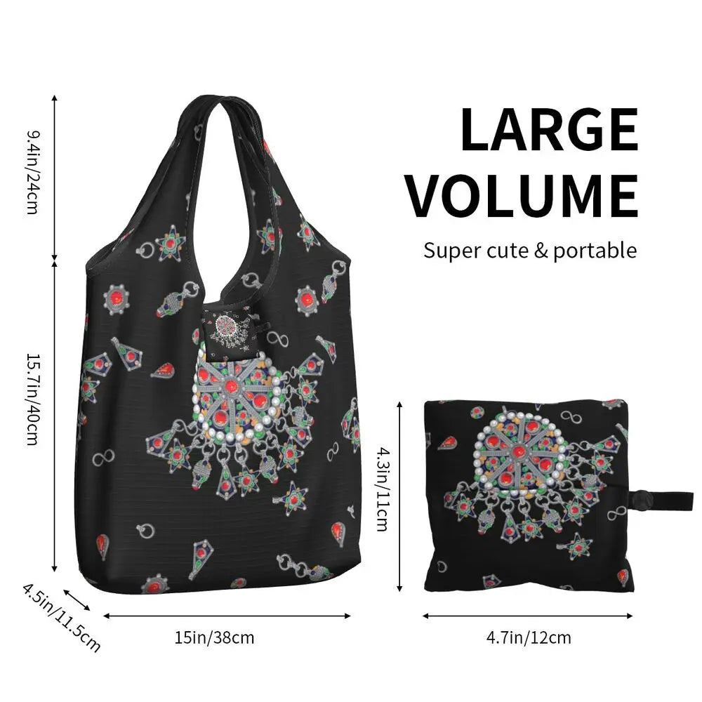 Custom Kabyle Jewelry Shopping Bags Women Portable Large Capacity Groceries Amazigh Carpet Berber Shopper Tote Bags