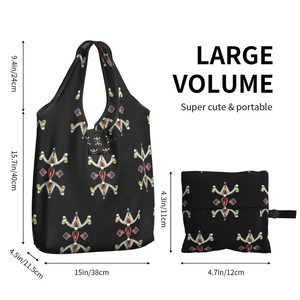 Custom Kabyle Jewelry Shopping Bags Women Portable Large Capacity Groceries Amazigh Carpet Berber Shopper Tote Bags