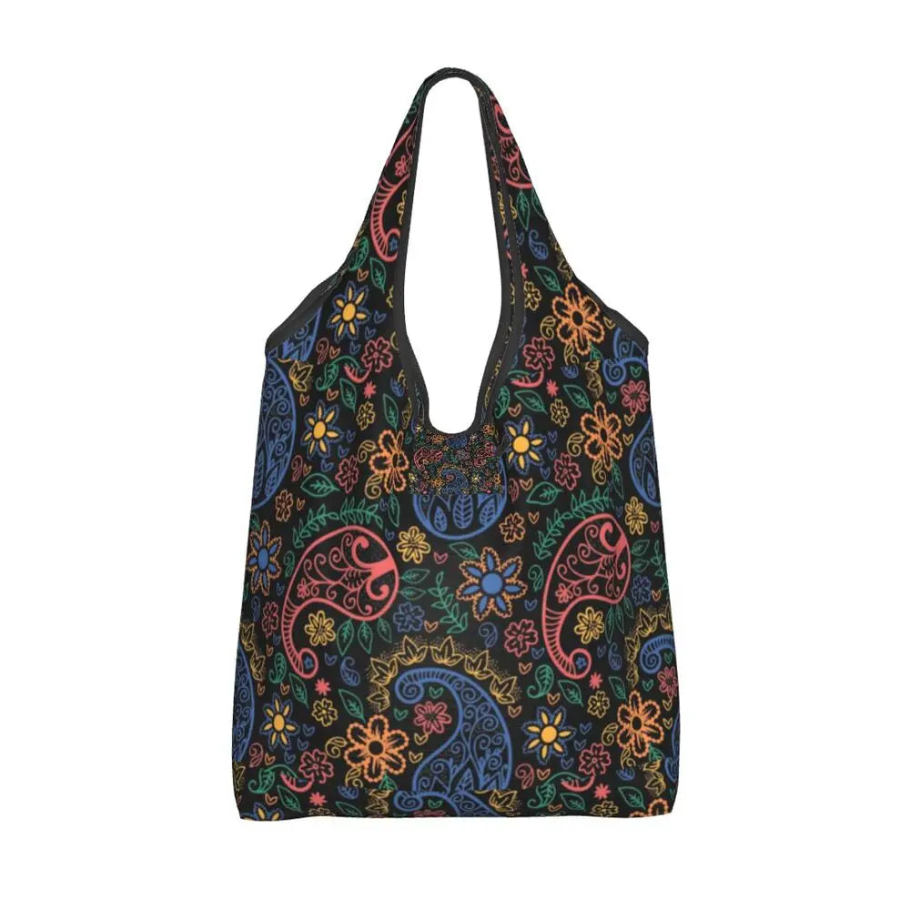 Funny Black Bandana Pattern Shopping Tote Bag Portable Paisley Style Groceries Shopper Shoulder Bag