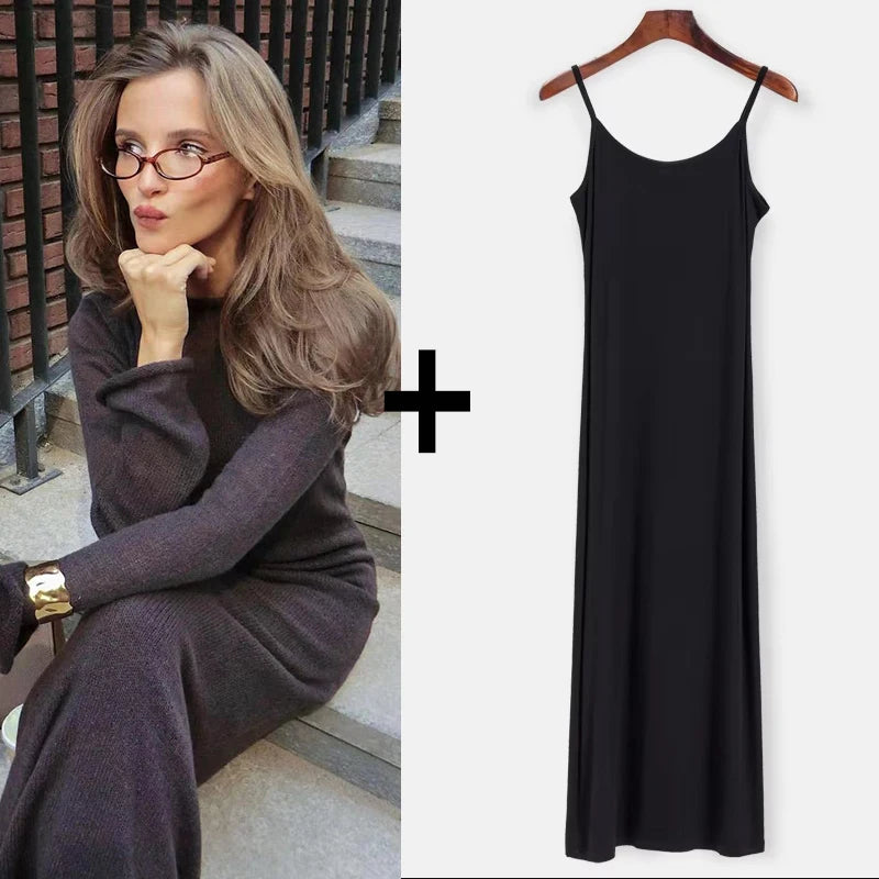 Sweet Pink Mohair Knitted Dress+Vests Dress Women New O-neck Casual Long Sleeve Dresses Suspenders Chic Vintage Two-piece Suit