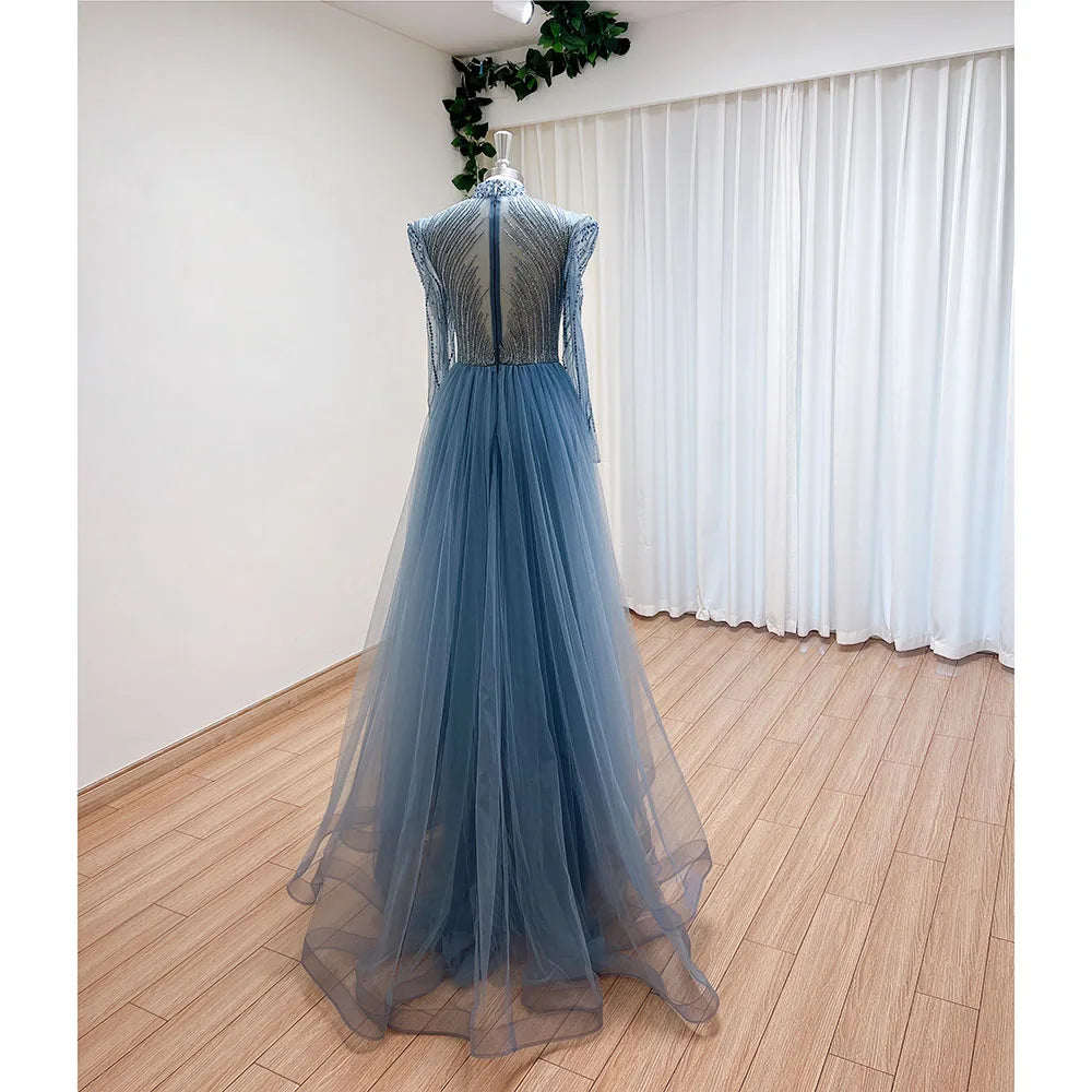 Elegant Muslim Evening Dress for Women 2026 Luxury Dubai High Neck Long Sleeves Beads Formal Prom Wedding Party Gowns Customized
