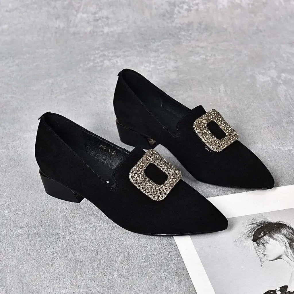 Diamond Shoes for Women Block Heel Pointed Toe Moccasins Woman Pumps Korean Style Casual Footwear Summer 2025 Vacation Popular