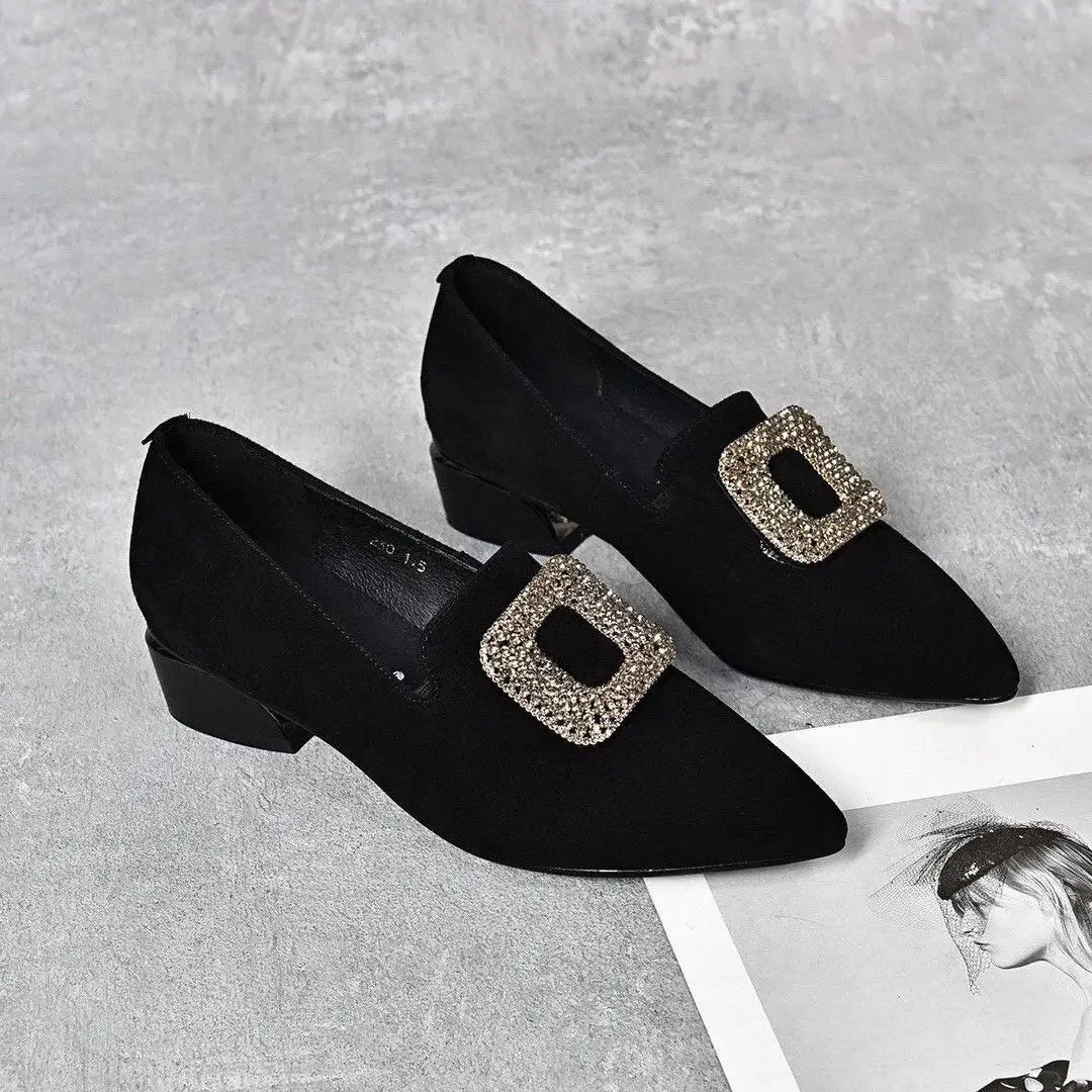 Diamond Shoes for Women Block Heel Pointed Toe Moccasins Woman Pumps Korean Style Casual Footwear Summer 2025 Vacation Popular
