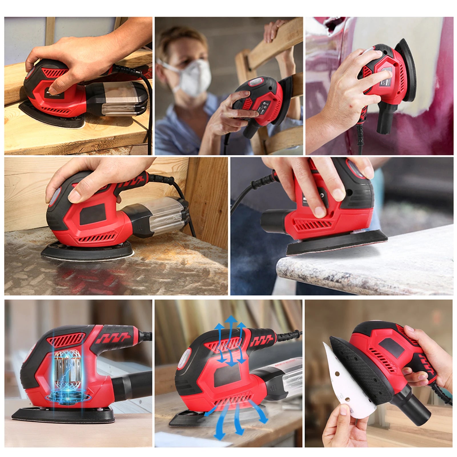 Detail Sander 1.6A 200W 14000 RPM Compact Sander Efficient Dust Collection System with 2pcs Polishing Pads & 20pcs Sandpapers