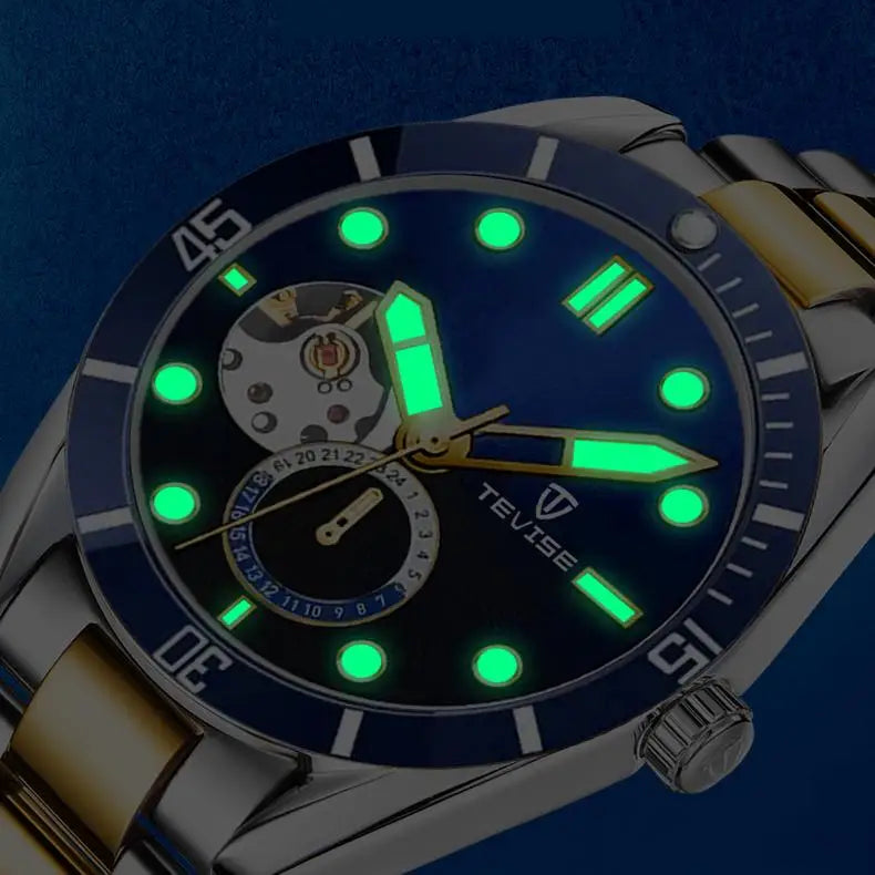 TEVISE Watch Automatic Mechanical Movement Fashion Stainless Steel Strap Skeleton Watch Luminous 24 Hour Wristwatch Waterproof