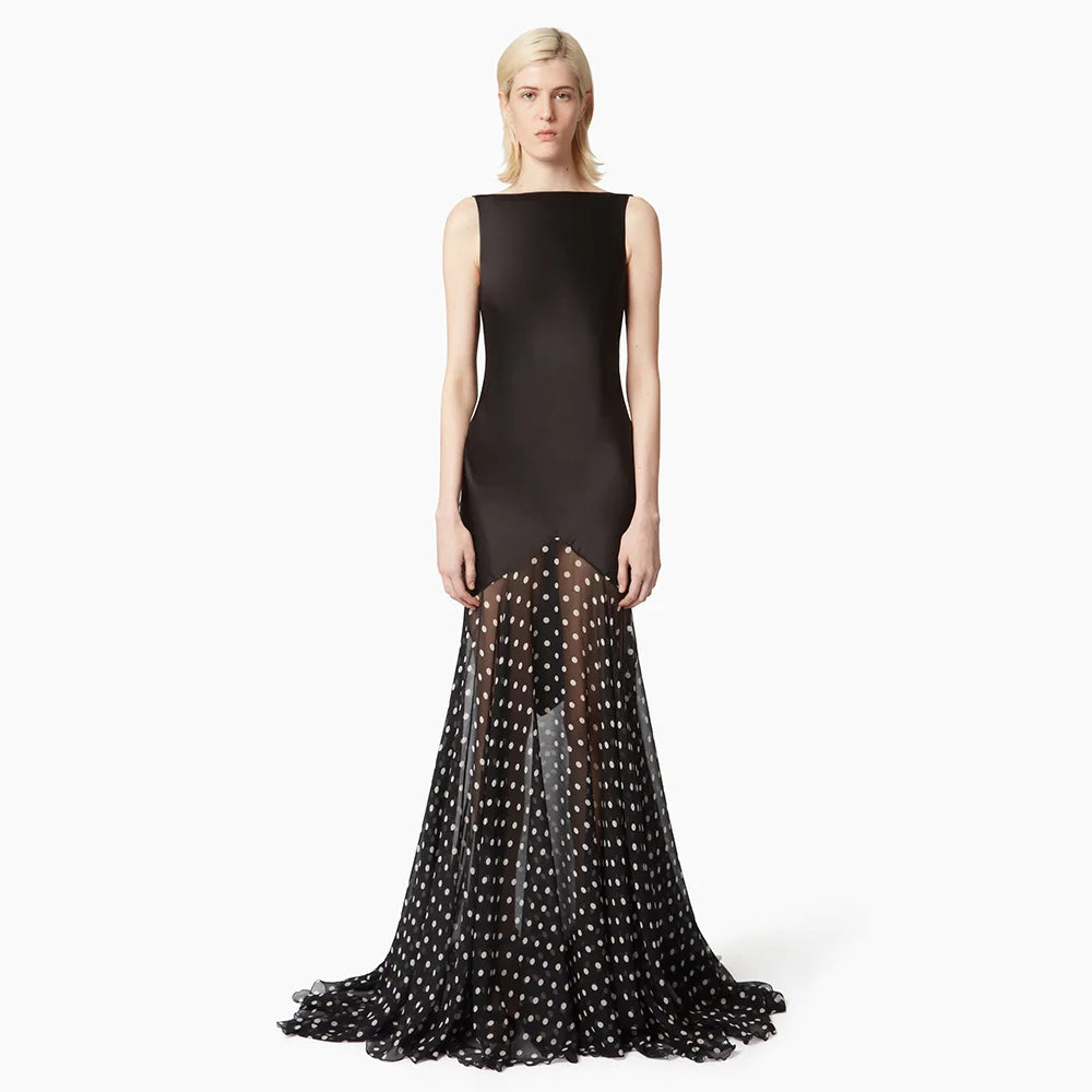 Modern Evening Dress Black Satin Dots Chiffon Backless Sexy Evening Gown Mermaid Sleeveless Trumpet Women's Formal Party Dresses