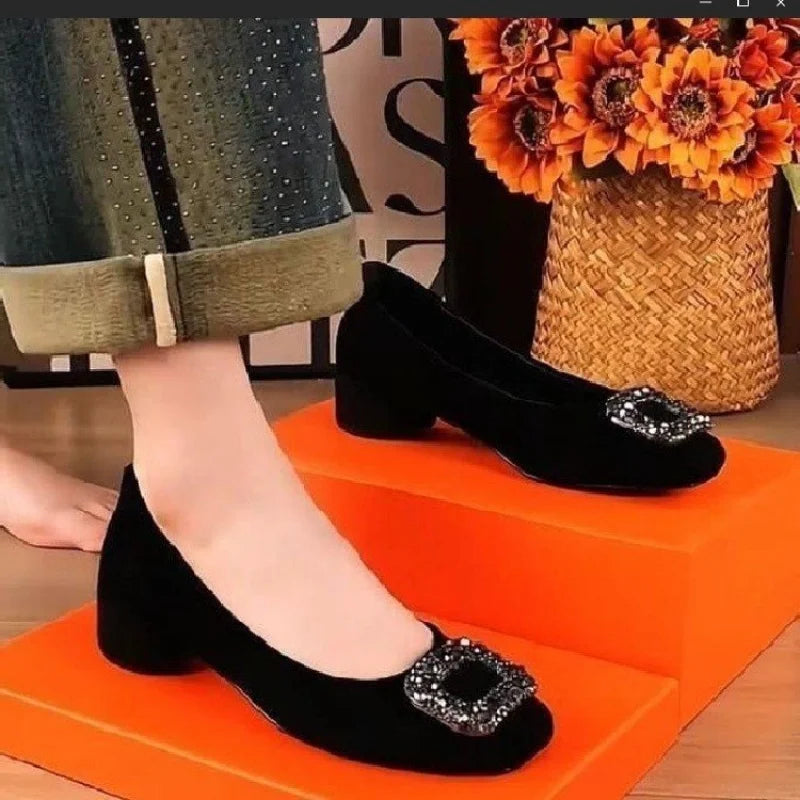 Low-heeled square-toed rhinestone casual shoes for women2026New spring and autumn black low-cut stylish chunky heel work shoes