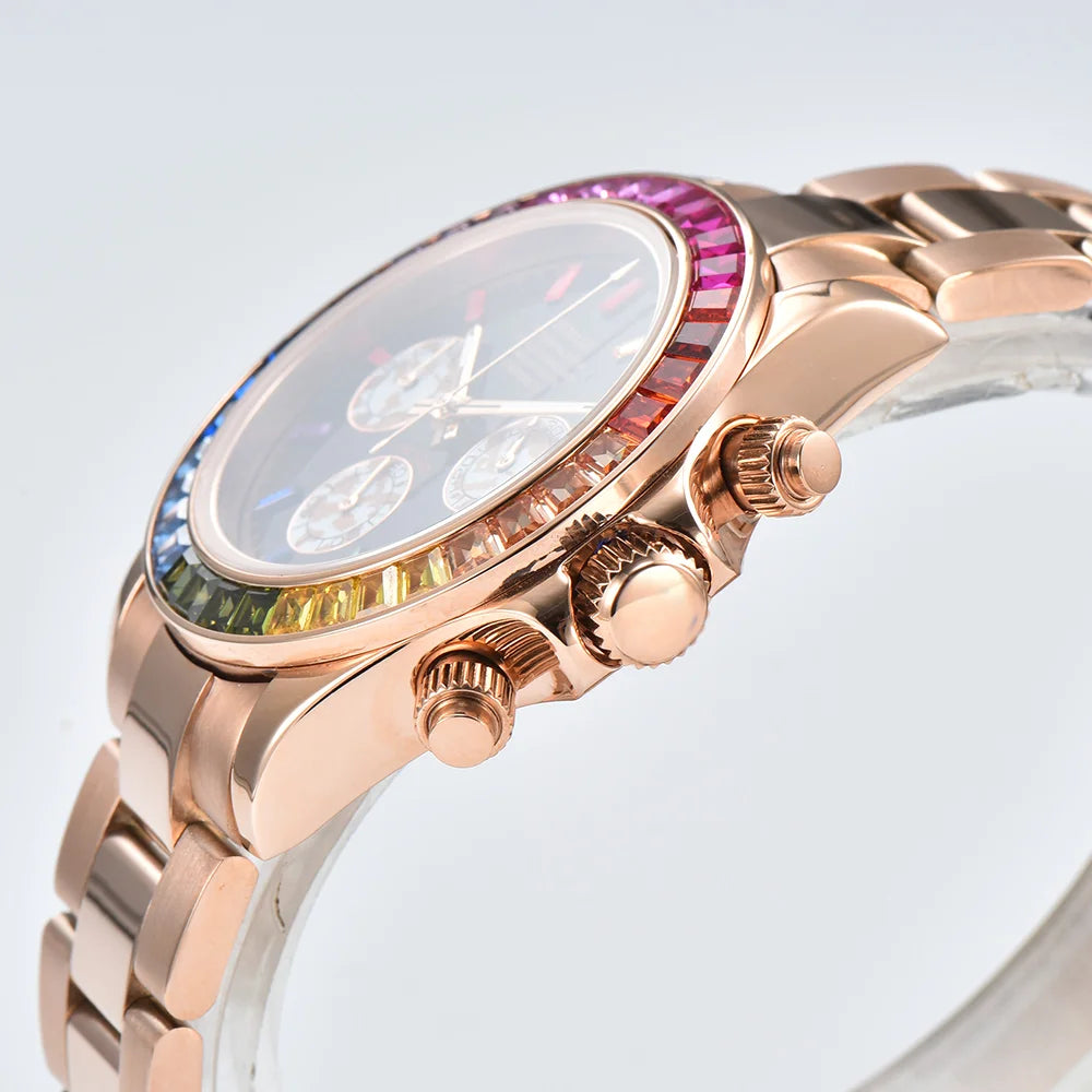 Luxury men's watch rose gold rainbow watch VK63 watch sapphire glass waterproof watch 39.3 case watch support customized logo