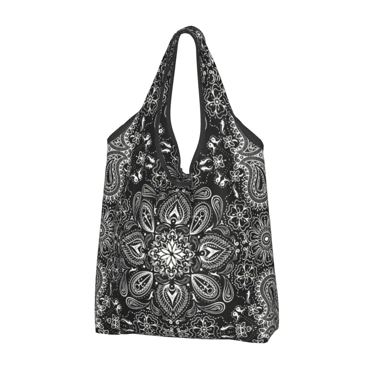 Funny Black Bandana Pattern Shopping Tote Bag Portable Paisley Style Groceries Shopper Shoulder Bag