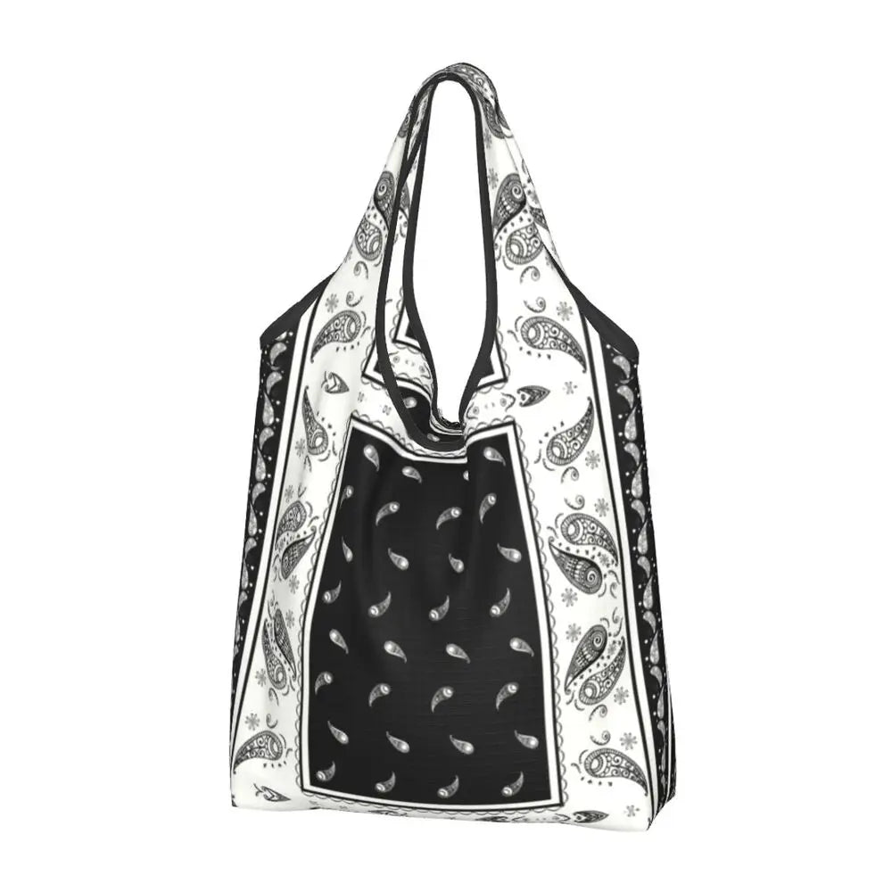Funny Black Bandana Pattern Shopping Tote Bag Portable Paisley Style Groceries Shopper Shoulder Bag