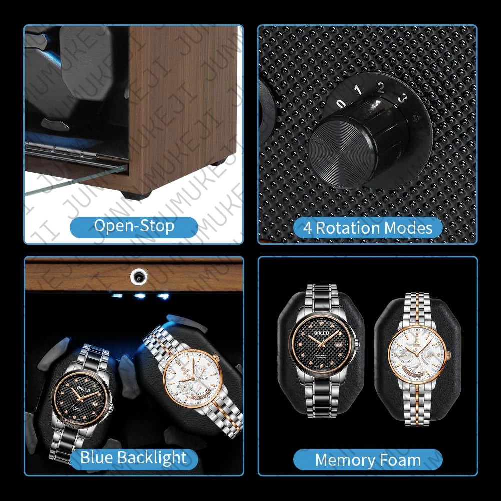 Watch Winder for Automatic Watches Box Storage Dustproof Mechanical Watch Case Black Walnut Wood Safe Mata Box LED Ambient Light