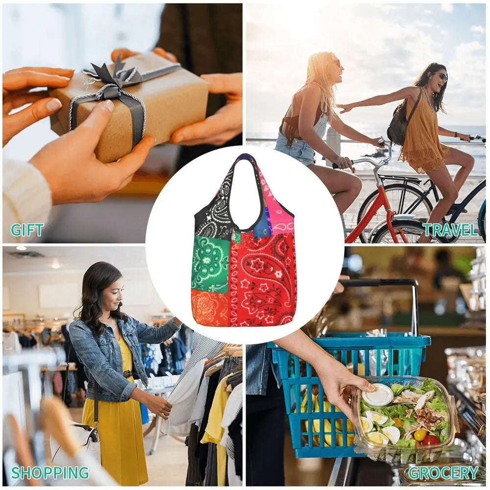 Funny Black Bandana Pattern Shopping Tote Bag Portable Paisley Style Groceries Shopper Shoulder Bag