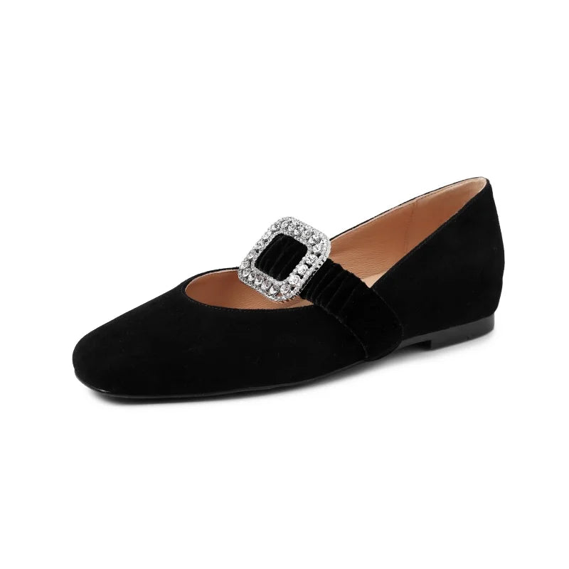 MKKHOU Fashion Women's Shoes New High Quality Suede Shoes Crystal Buckle Square Head Shallow Mouth Lightweight Flats Shoes