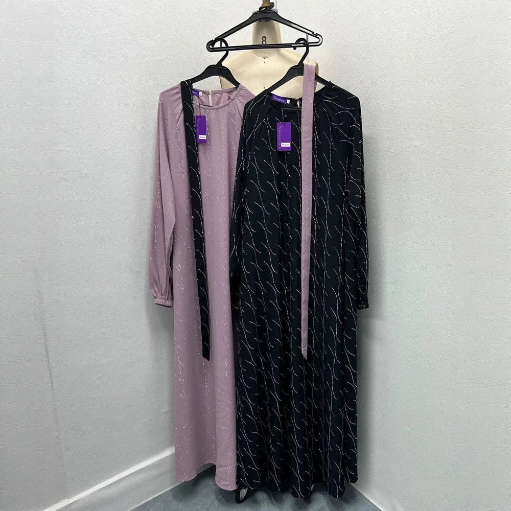 Muslim Dress Women Eid Abaya Party Dresses Jalabiya Diamonds Abayas Sashes Dubai Kaftan Ramadan Vestidos Morocco Arab Long Robe
