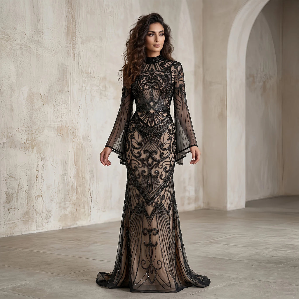 Sharon Said Dubai Black Evening Dress Geometric Beaded Pattern Long Flare Sleeve شارون سعيد Women Formal Prom Gown SS055 Custom