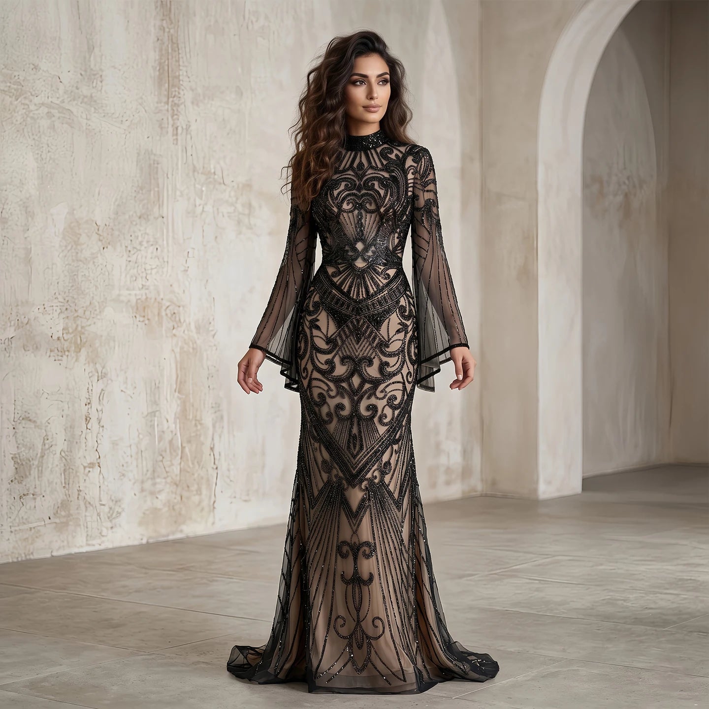 Sharon Said Dubai Black Evening Dress Geometric Beaded Pattern Long Flare Sleeve شارون سعيد Women Formal Prom Gown SS055 Custom