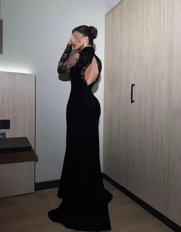 Black Elegant Formal Evening Dresses Sheer Long Sleeves Floor-Length Hem Arab Party Dress Dubai Ball Gown Customized فساتين سهر