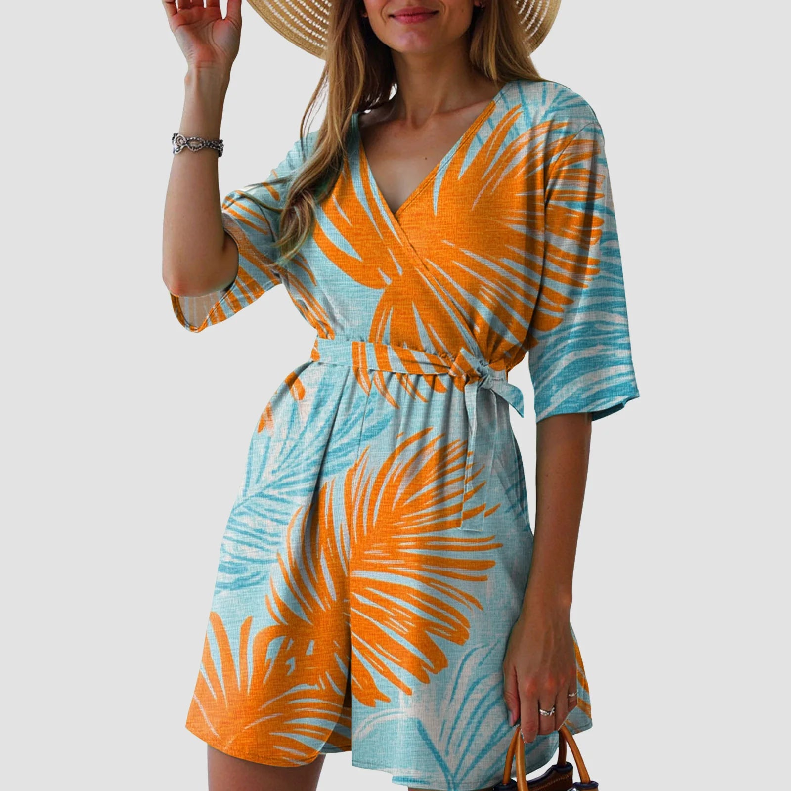 Fashionable Printed V-Neck Short Jumpsuits For Woman Summer Short-Sleeve Casual Rompers Holiday Beach Outfit Jumpsuit Shorts