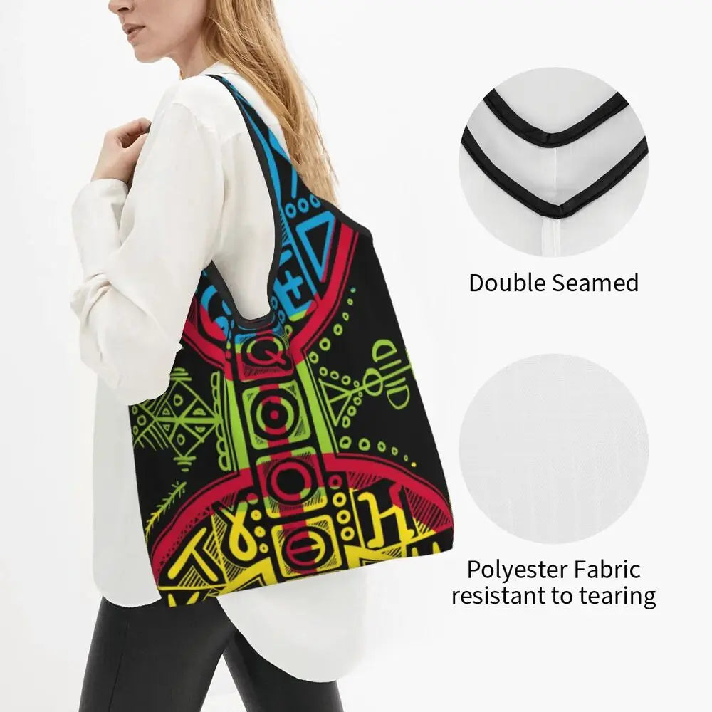 Custom Kabyle Jewelry Shopping Bags Women Portable Large Capacity Groceries Amazigh Carpet Berber Shopper Tote Bags