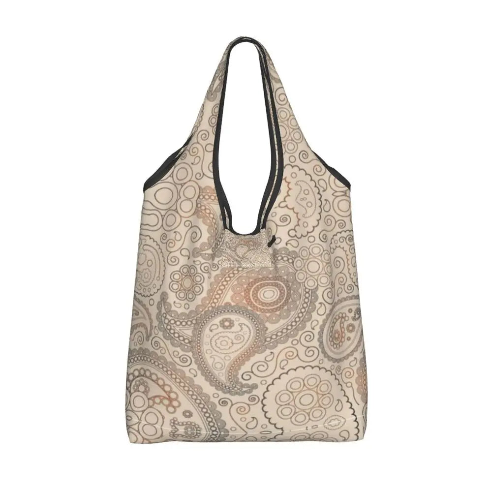 Funny Black Bandana Pattern Shopping Tote Bag Portable Paisley Style Groceries Shopper Shoulder Bag