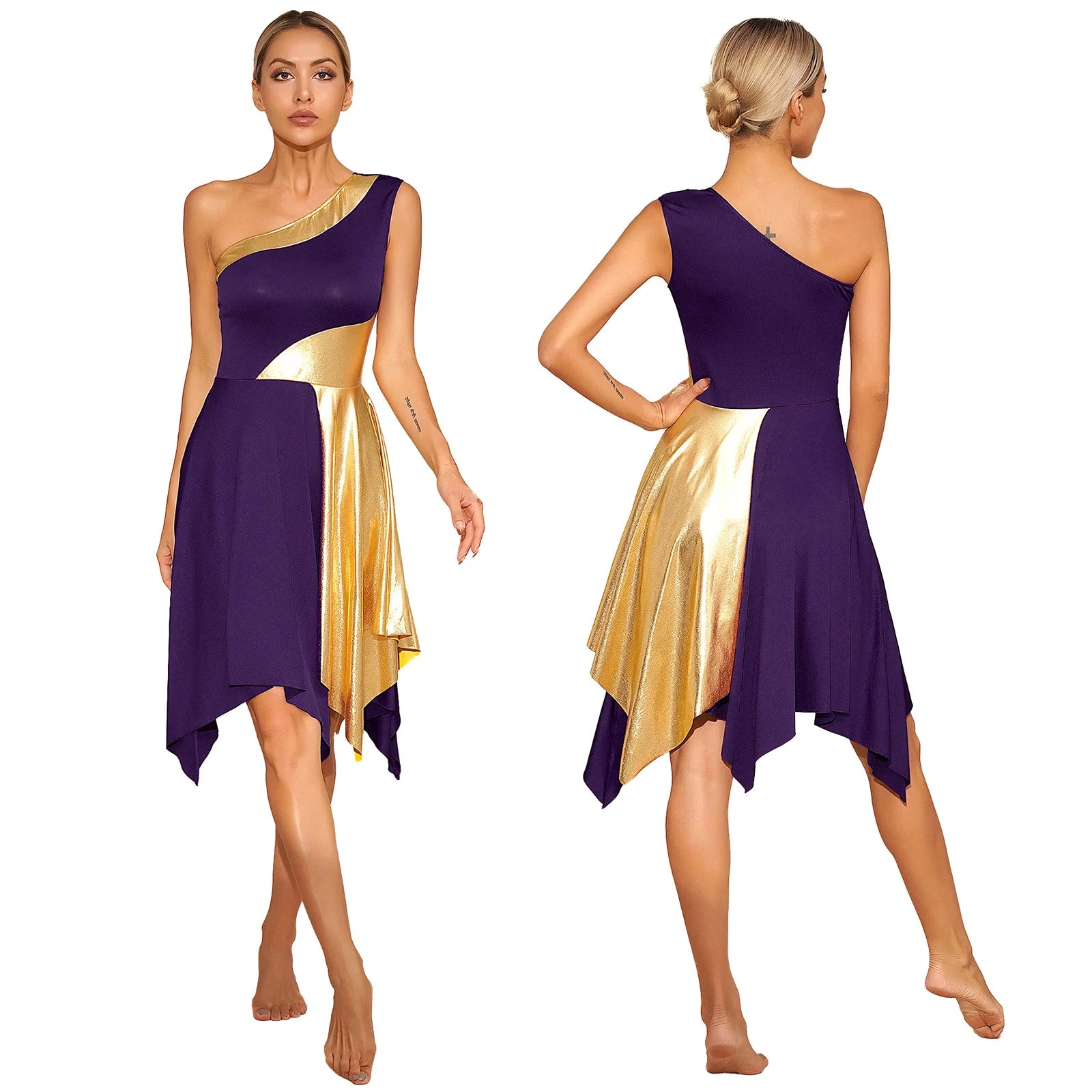 Women Modern Lyrical Dance Dress One Shoulder Irregular Hem Ballroom Waltz Dancewear for Church Choir Worship Praise Liturgical