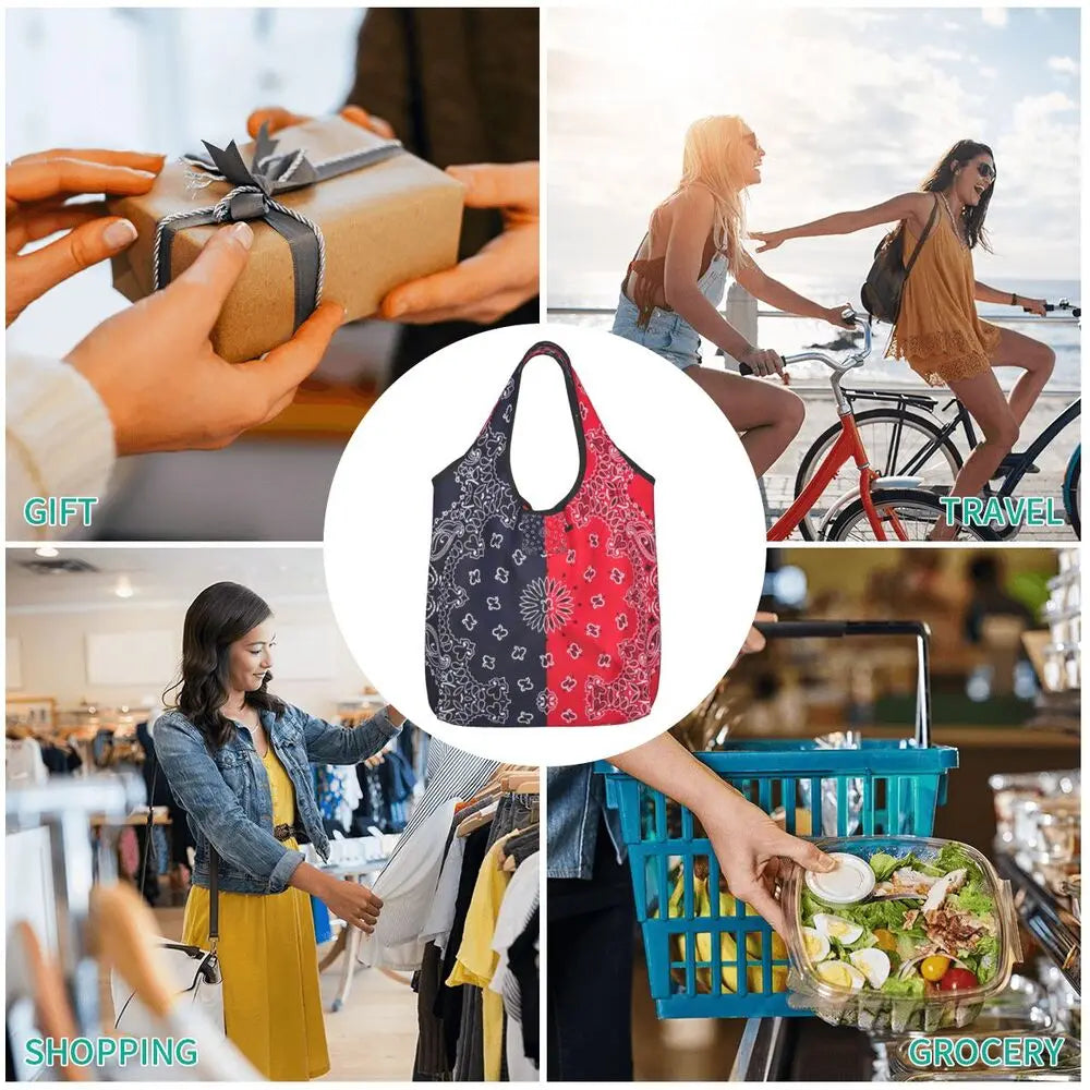 Funny Black Bandana Pattern Shopping Tote Bag Portable Paisley Style Groceries Shopper Shoulder Bag