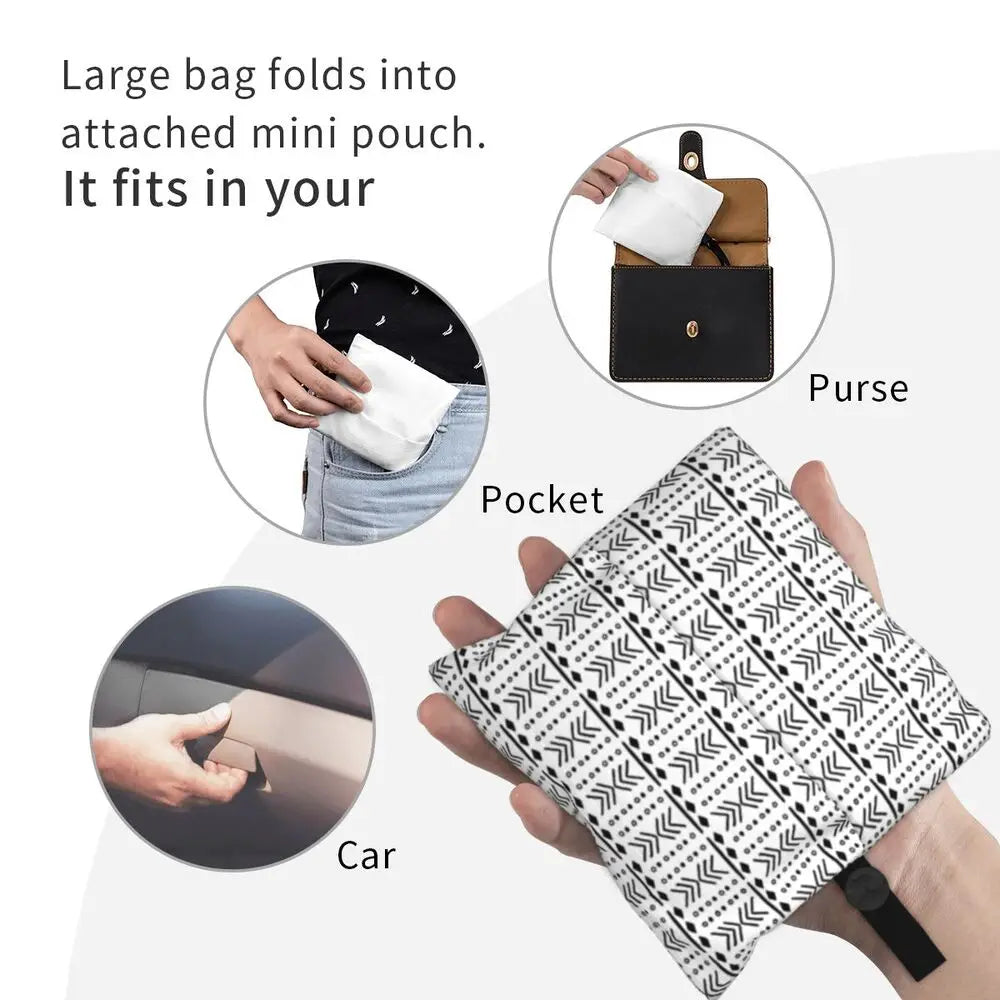 Funny Black Bandana Pattern Shopping Tote Bag Portable Paisley Style Groceries Shopper Shoulder Bag