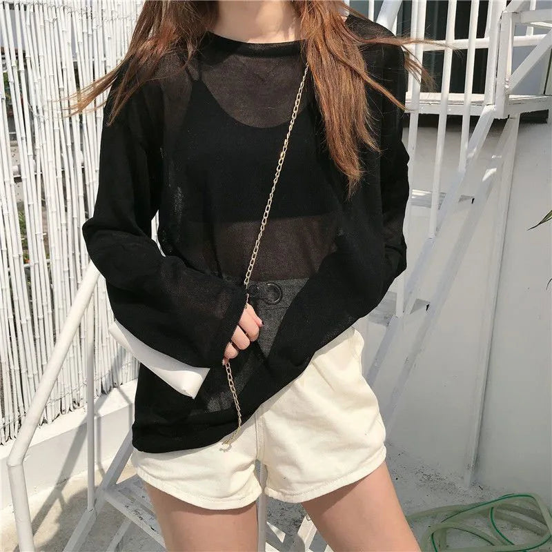 Sheer T-shirts Women Summer Sun-proof Cool Breathable Long Sleeve T Shirt Solid Loose All-match See Through Sun Protection Top