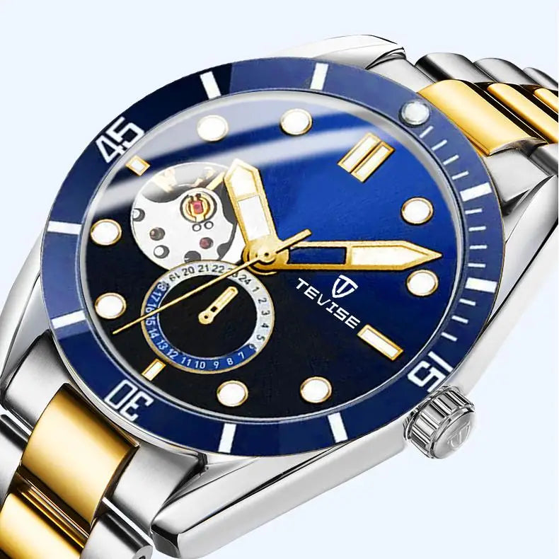 TEVISE Watch Automatic Mechanical Movement Fashion Stainless Steel Strap Skeleton Watch Luminous 24 Hour Wristwatch Waterproof